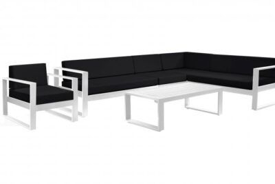 Loungeset Roma Bianco aluminium hoekbank wit met stoel en tafel