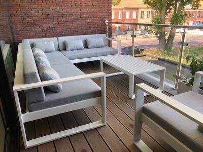 Loungeset Roma Bianco aluminium hoekbank wit met tafel + stoel
