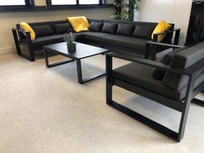 Loungeset Roma Nero aluminium hoekbank met stoel en tafel