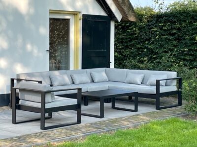Loungeset Roma Nero aluminium hoekbank zwart met stoel en tafel